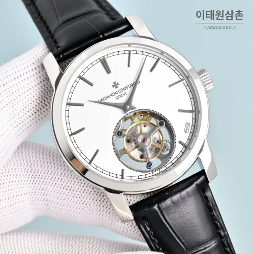 바쉐론콘스탄틴 트래디셔널 투르비용 선레이다이얼 수동 시계 42mm 그린 / 화이트 블랙 가죽 스트랩 (2)