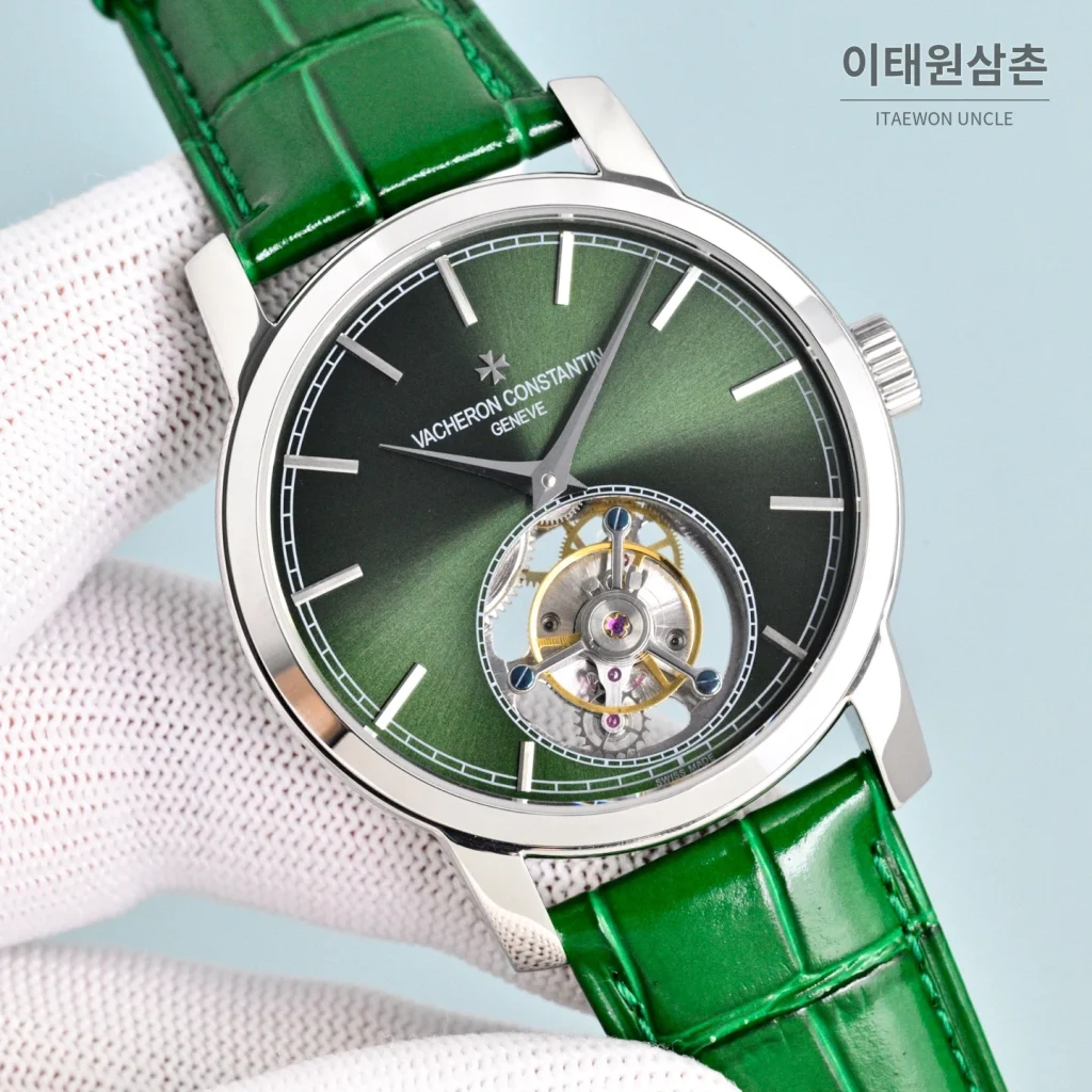 바쉐론콘스탄틴 트래디셔널 투르비용 선레이다이얼 수동 시계 42mm 그린 / 화이트 그린 가죽 스트랩