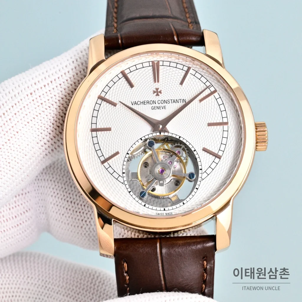 바쉐론콘스탄틴 트래디셔널 투르비용 선레이다이얼 수동 시계 42mm 그린 / 화이트 브라운 가죽 스트랩 로즈골드 베젤