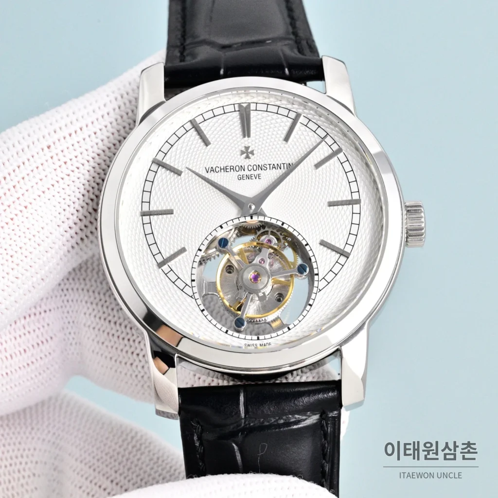 바쉐론콘스탄틴 트래디셔널 투르비용 선레이다이얼 수동 시계 42mm 그린 / 화이트 블랙 가죽 스트랩