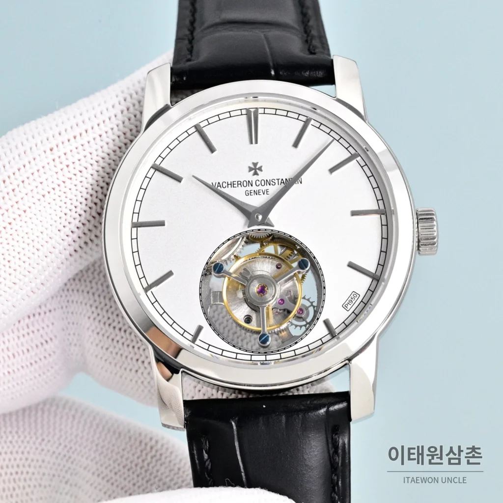 바쉐론콘스탄틴 트래디셔널 투르비용 선레이다이얼 수동 시계 42mm 그린 / 화이트 블랙 가죽 스트랩 (2)