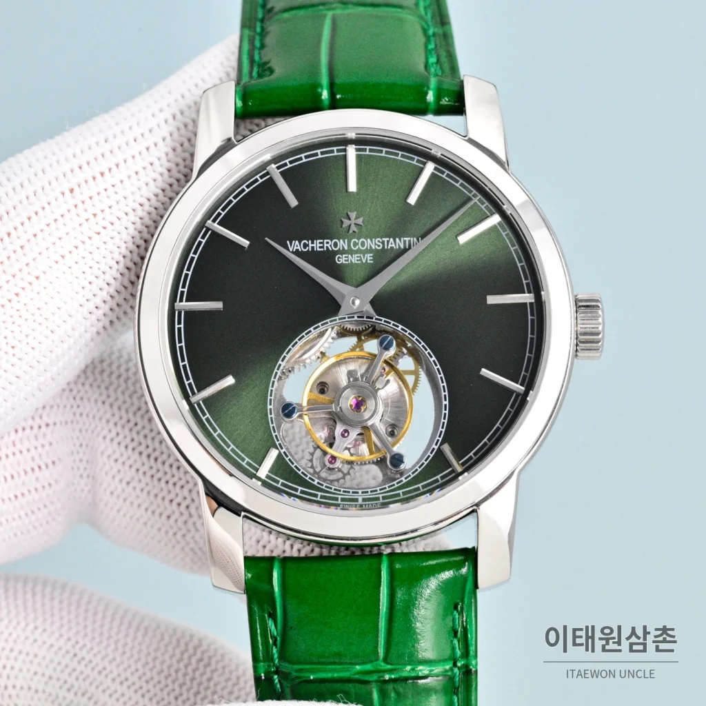 바쉐론콘스탄틴 트래디셔널 투르비용 선레이다이얼 수동 시계 42mm 그린 / 화이트 그린 가죽 스트랩