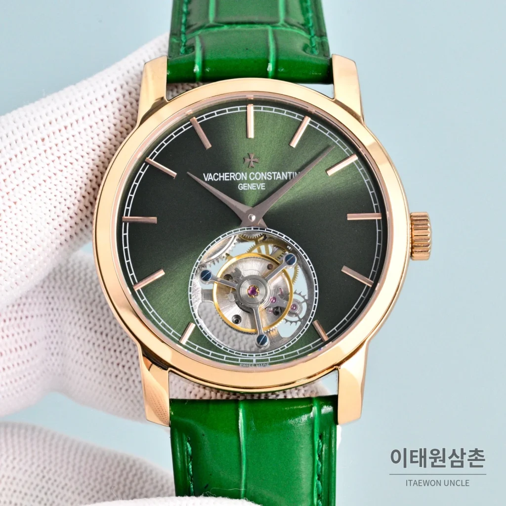 바쉐론콘스탄틴 트래디셔널 투르비용 선레이다이얼 수동 시계 42mm 그린 / 화이트 그린 가죽 스트랩 로즈골드 베젤