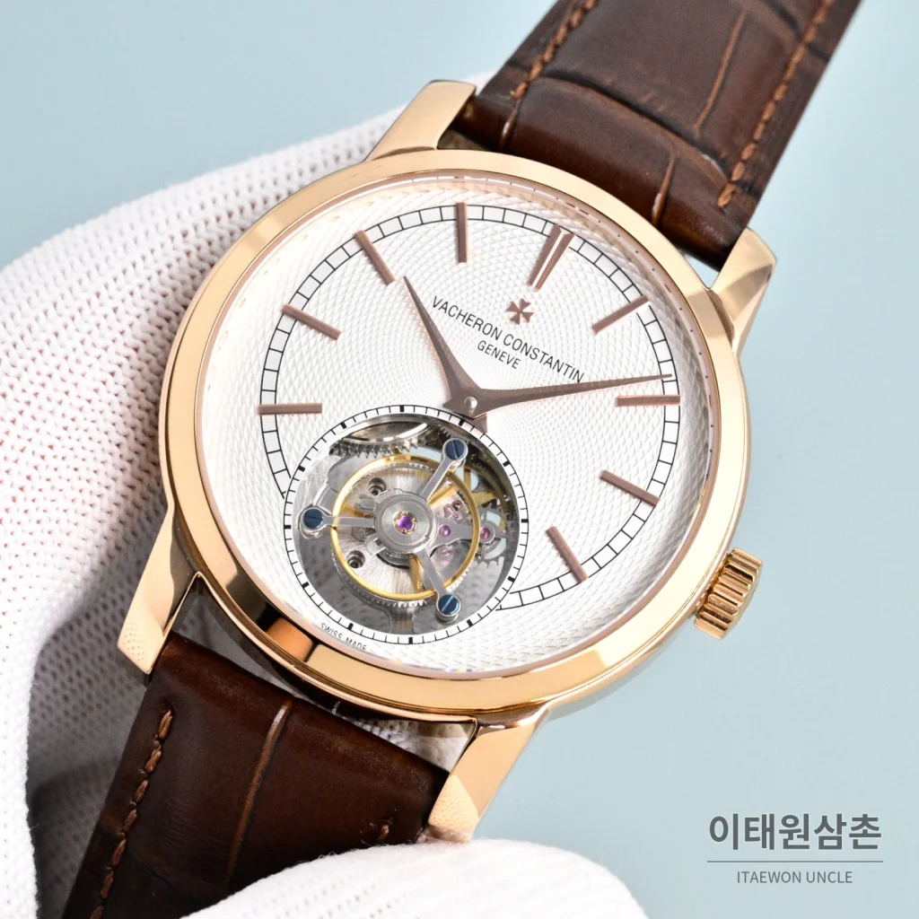 바쉐론콘스탄틴 트래디셔널 투르비용 선레이다이얼 수동 시계 42mm 그린 / 화이트 브라운 가죽 스트랩 로즈골드 베젤