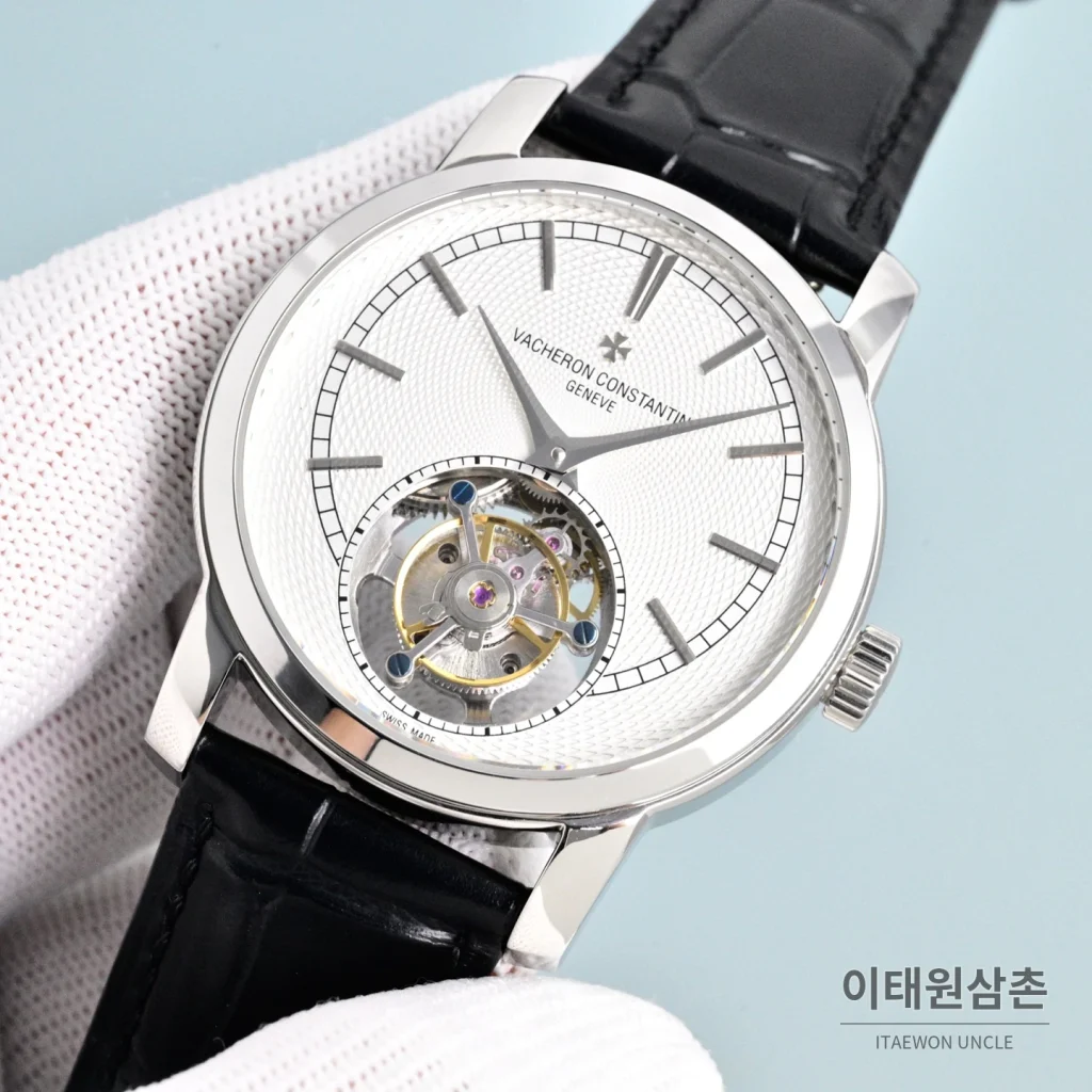 바쉐론콘스탄틴 트래디셔널 투르비용 선레이다이얼 수동 시계 42mm 그린 / 화이트 블랙 가죽 스트랩