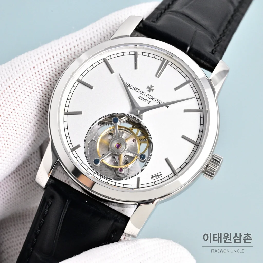 바쉐론콘스탄틴 트래디셔널 투르비용 선레이다이얼 수동 시계 42mm 그린 / 화이트 블랙 가죽 스트랩 (2)