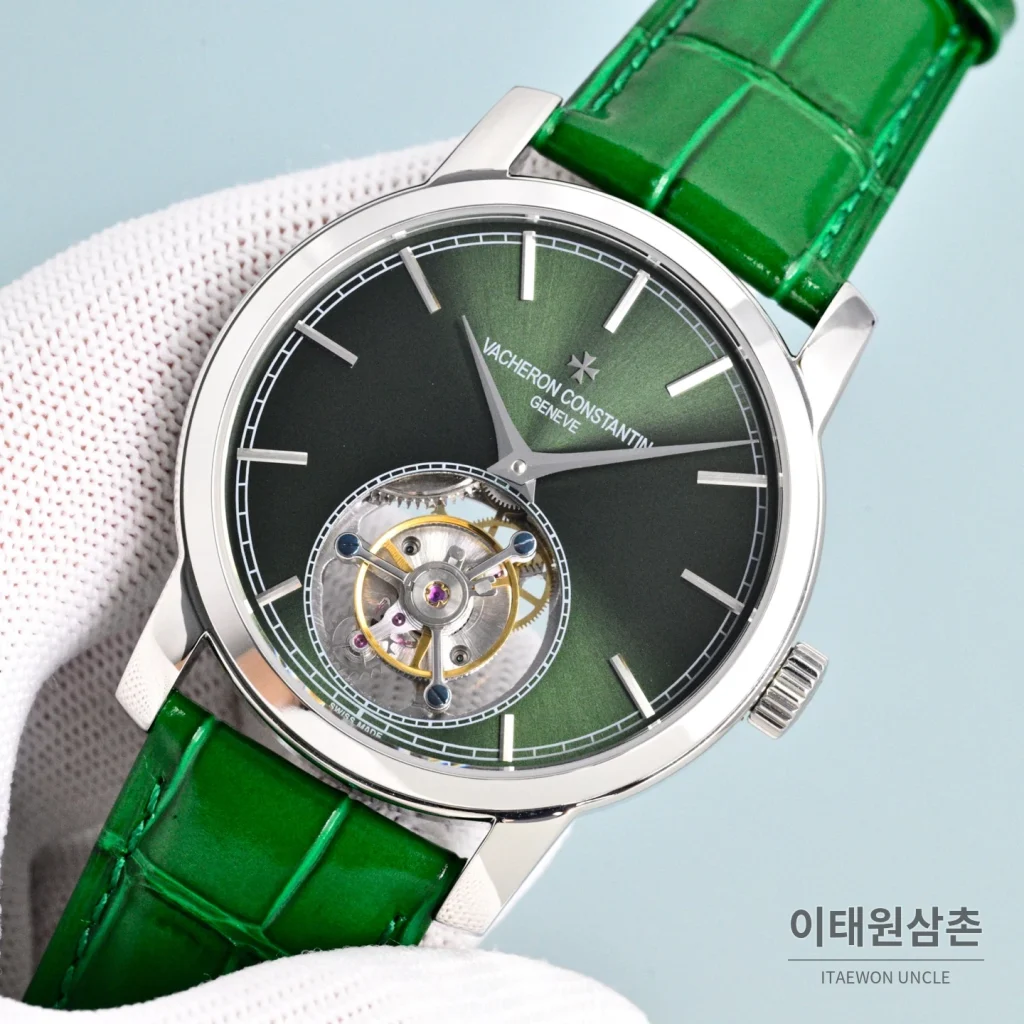 바쉐론콘스탄틴 트래디셔널 투르비용 선레이다이얼 수동 시계 42mm 그린 / 화이트 그린 가죽 스트랩