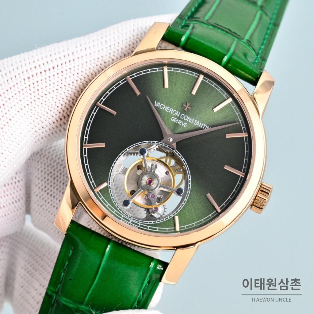 바쉐론콘스탄틴 트래디셔널 투르비용 선레이다이얼 수동 시계 42mm 그린 / 화이트 그린 가죽 스트랩 로즈골드 베젤