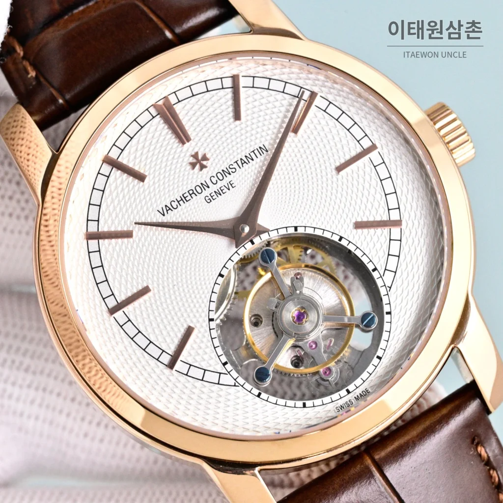 바쉐론콘스탄틴 트래디셔널 투르비용 선레이다이얼 수동 시계 42mm 그린 / 화이트 브라운 가죽 스트랩 로즈골드 베젤