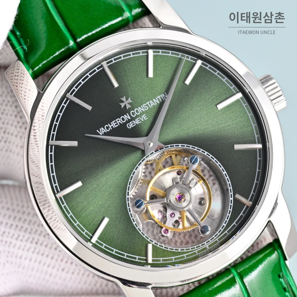바쉐론콘스탄틴 트래디셔널 투르비용 선레이다이얼 수동 시계 42mm 그린 / 화이트 그린 가죽 스트랩