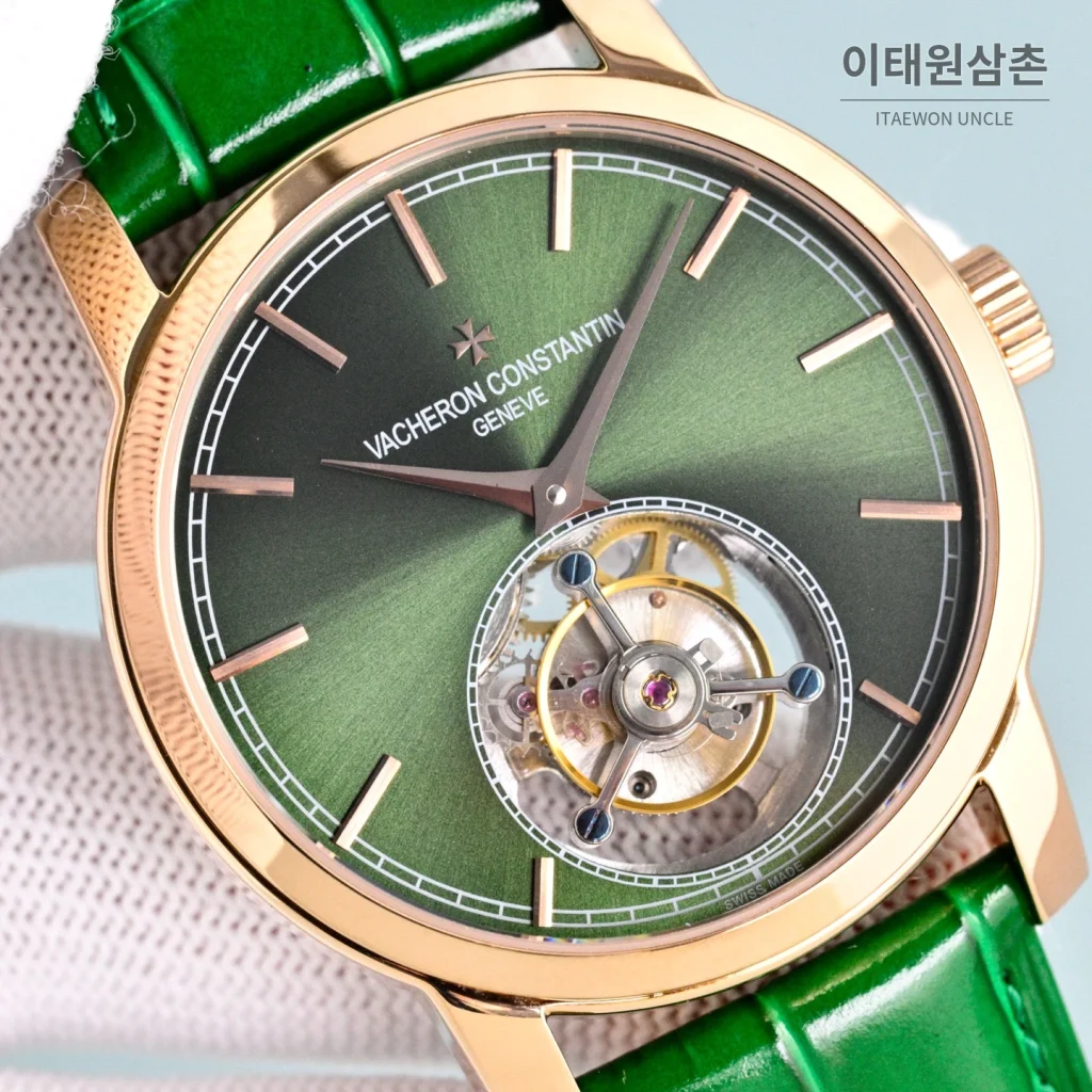 바쉐론콘스탄틴 트래디셔널 투르비용 선레이다이얼 수동 시계 42mm 그린 / 화이트 그린 가죽 스트랩 로즈골드 베젤