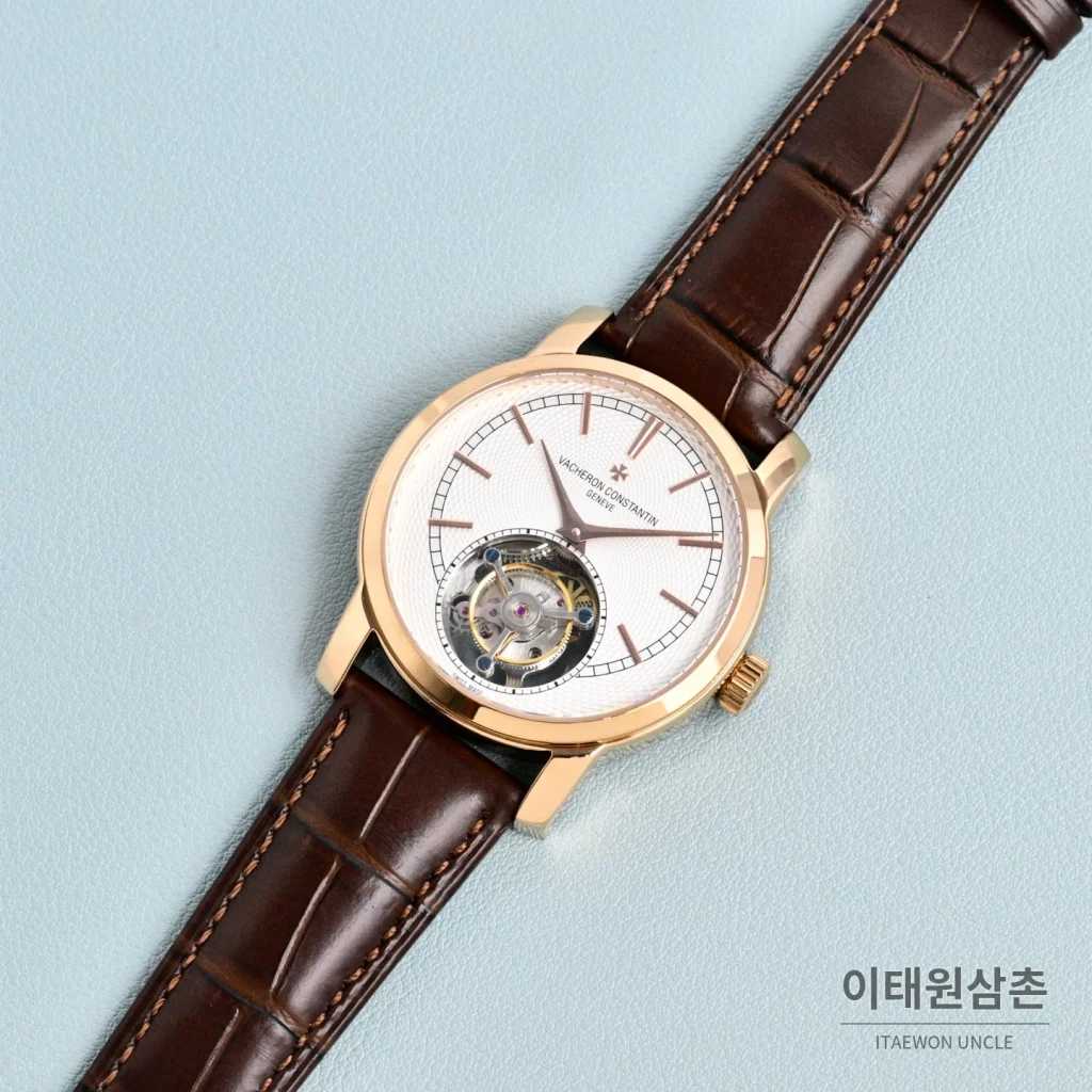 바쉐론콘스탄틴 트래디셔널 투르비용 선레이다이얼 수동 시계 42mm 그린 / 화이트 브라운 가죽 스트랩 로즈골드 베젤