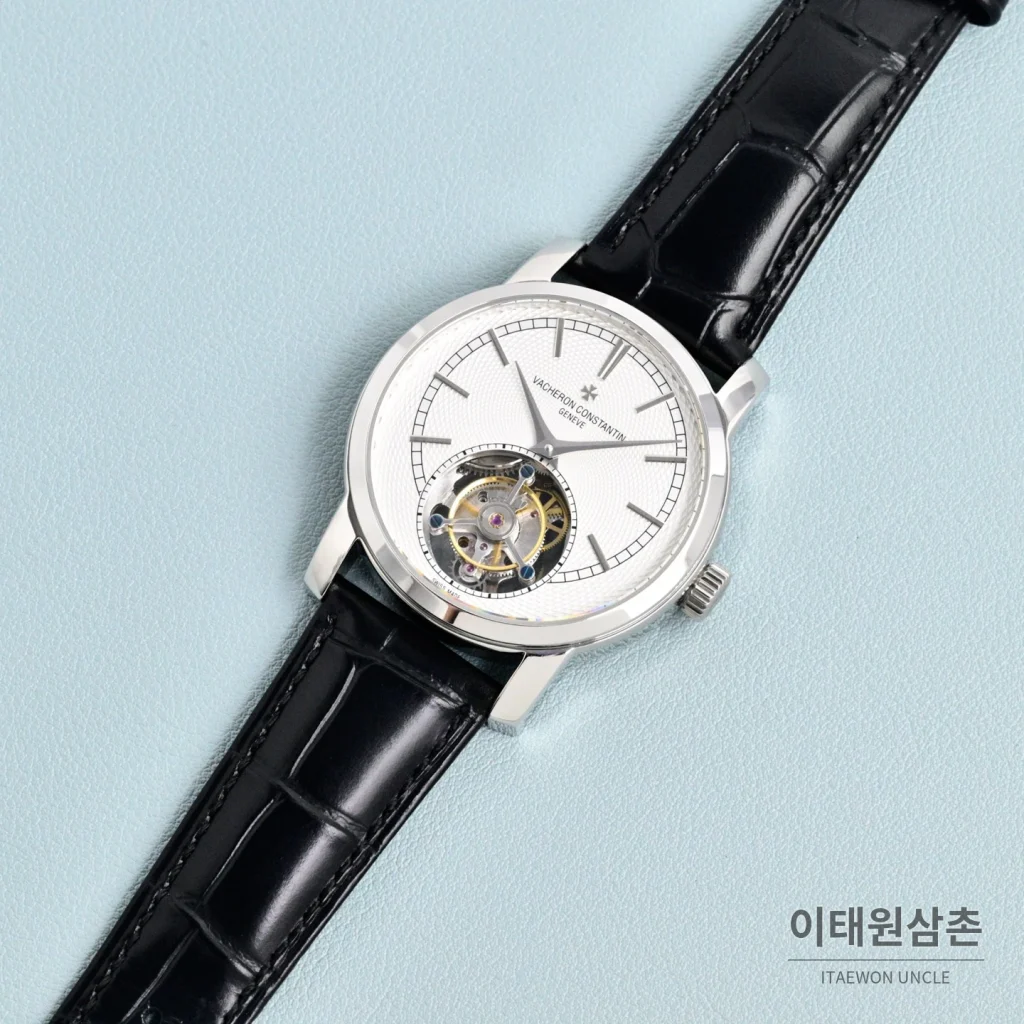 바쉐론콘스탄틴 트래디셔널 투르비용 선레이다이얼 수동 시계 42mm 그린 / 화이트 블랙 가죽 스트랩