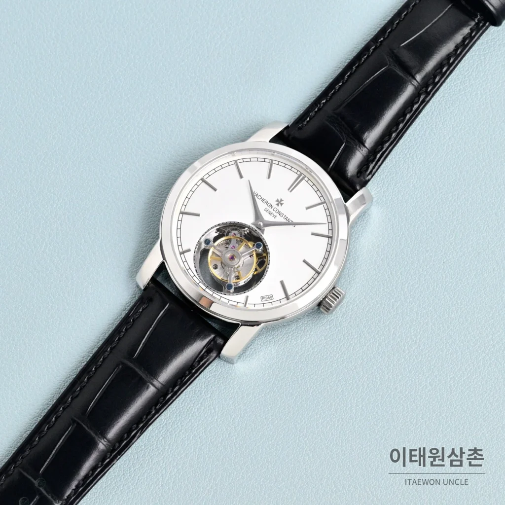 바쉐론콘스탄틴 트래디셔널 투르비용 선레이다이얼 수동 시계 42mm 그린 / 화이트 블랙 가죽 스트랩 (2)