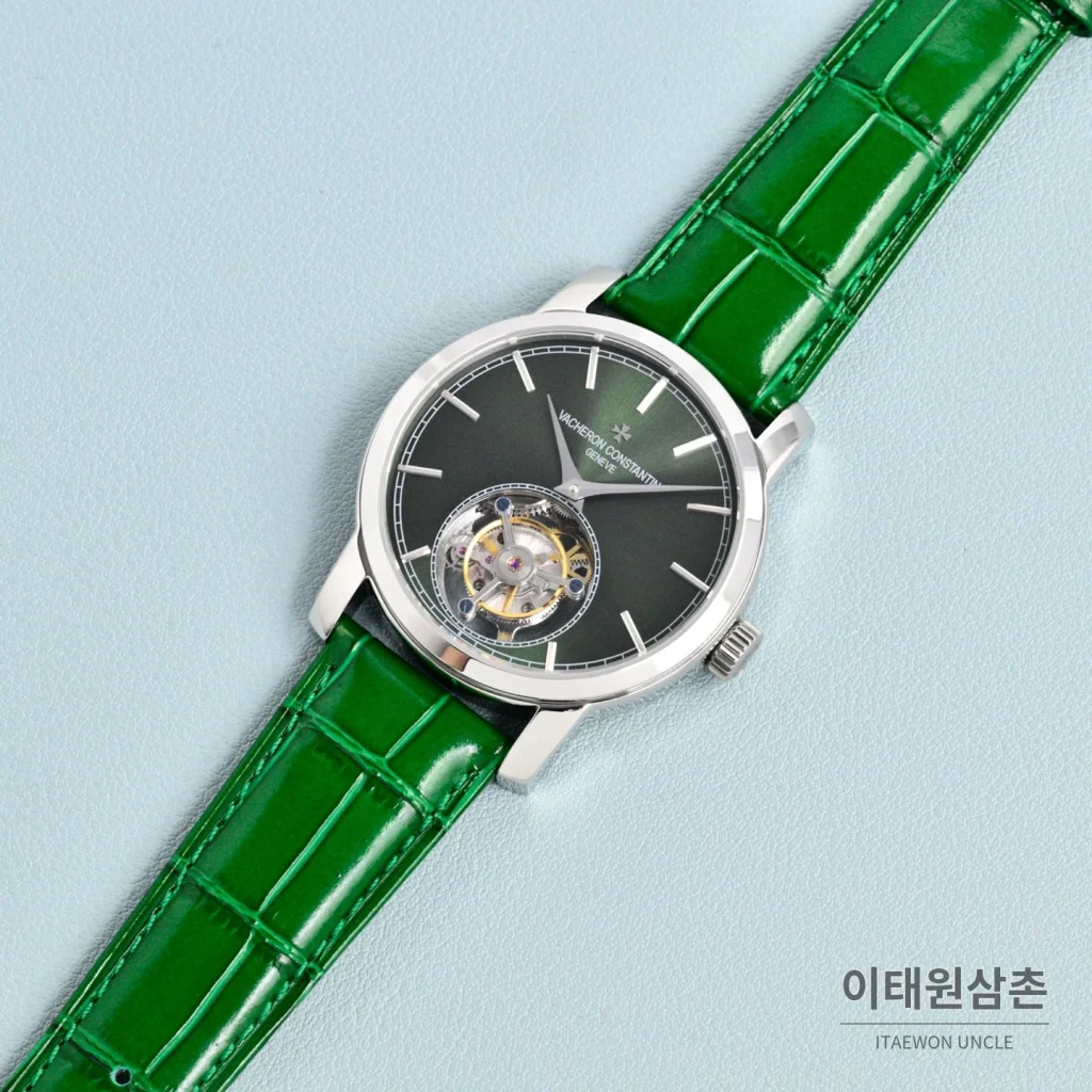 바쉐론콘스탄틴 트래디셔널 투르비용 선레이다이얼 수동 시계 42mm 그린 / 화이트 그린 가죽 스트랩