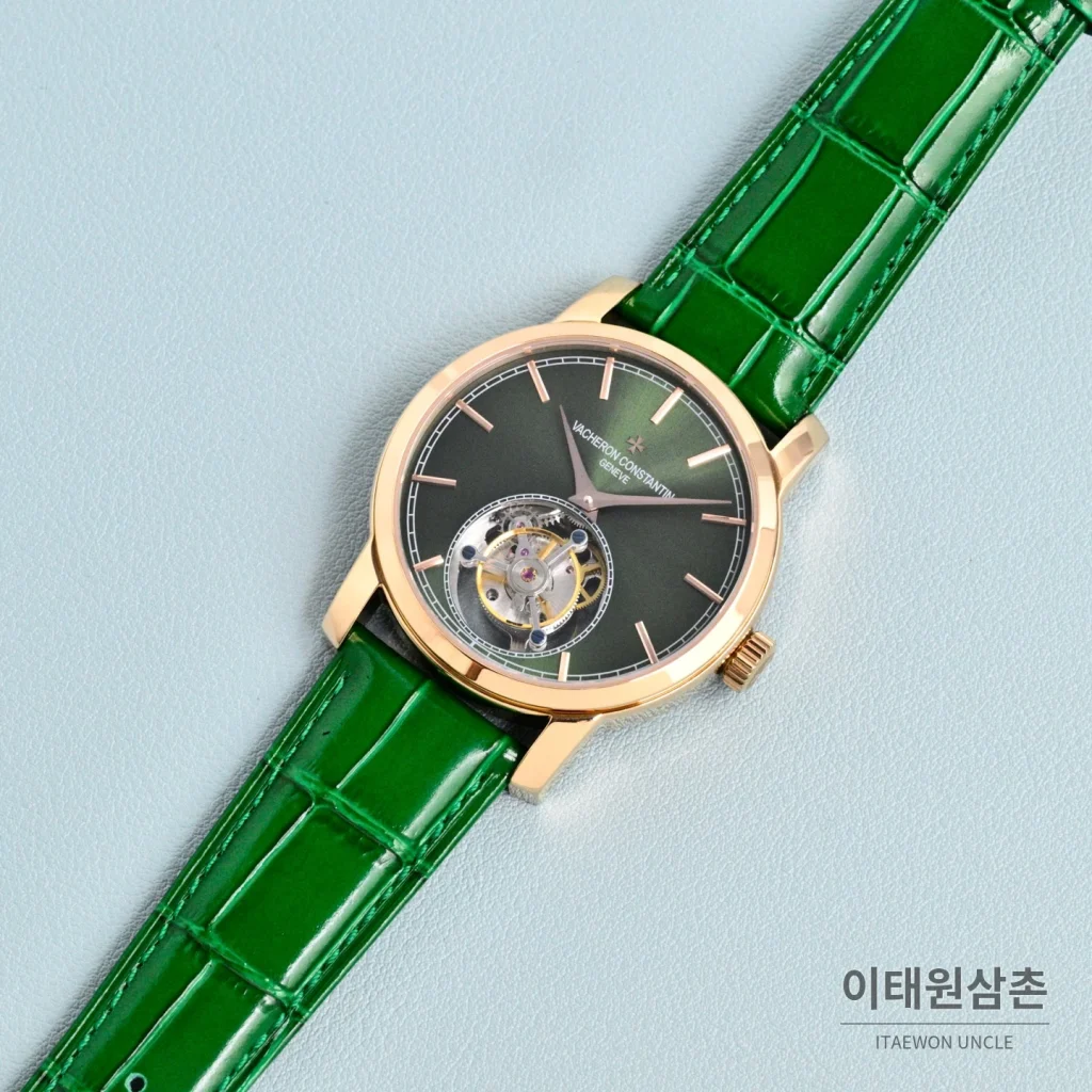 바쉐론콘스탄틴 트래디셔널 투르비용 선레이다이얼 수동 시계 42mm 그린 / 화이트 그린 가죽 스트랩 로즈골드 베젤
