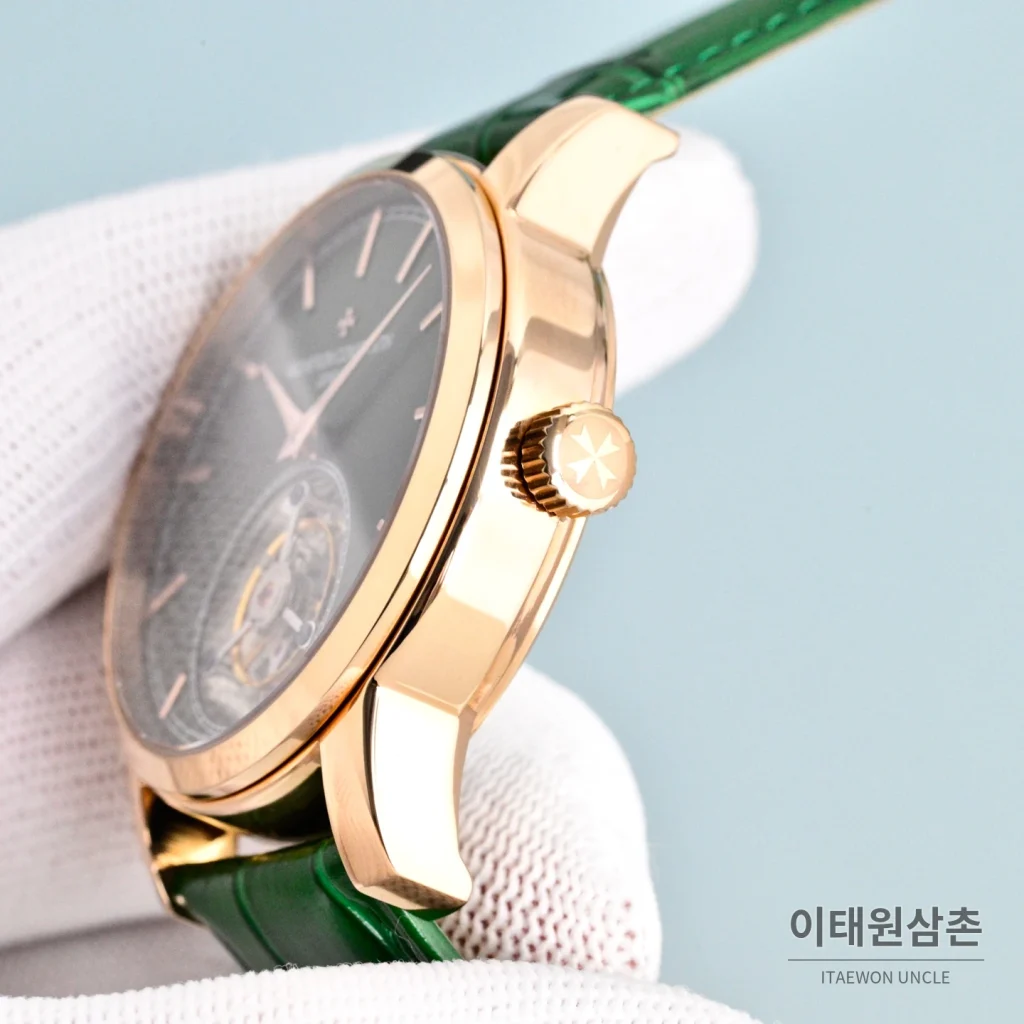 바쉐론콘스탄틴 트래디셔널 투르비용 선레이다이얼 수동 시계 42mm 그린 / 화이트 그린 가죽 스트랩 로즈골드 베젤