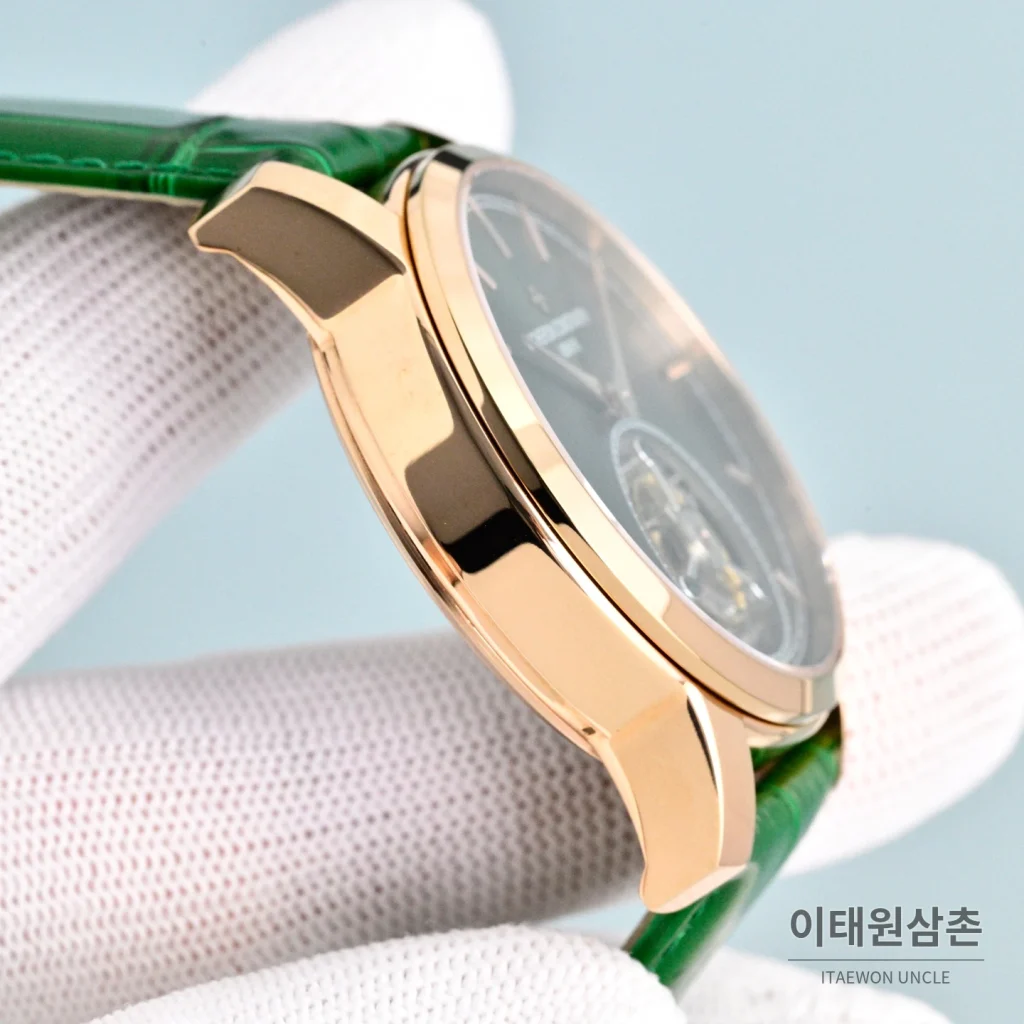 바쉐론콘스탄틴 트래디셔널 투르비용 선레이다이얼 수동 시계 42mm 그린 / 화이트 그린 가죽 스트랩 로즈골드 베젤
