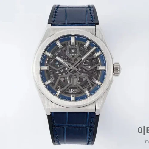 제니스 디파이 스켈레톤 스틸 스타다이얼 오토매틱 41mm 네이비 가죽 스트랩