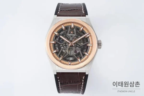 제니스 디파이 스켈레톤 스틸 스타다이얼 오토매틱 41mm 브라운 가죽 스트랩 로즈골드 베젤