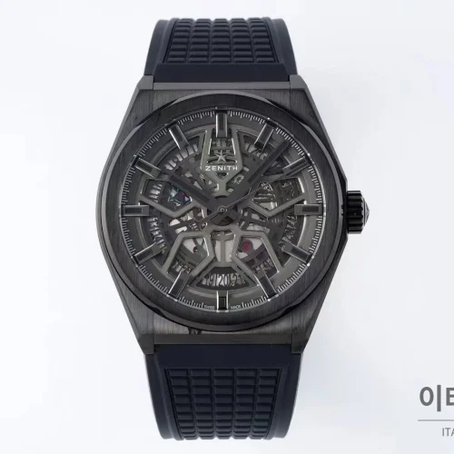 제니스 디파이 스켈레톤 스틸 스타다이얼 오토매틱 41mm 블랙 러버 스트랩 블랙 베젤