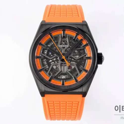 제니스 디파이 스켈레톤 스틸 스타다이얼 오토매틱 41mm 오렌지 러버 스트랩 블랙 베젤