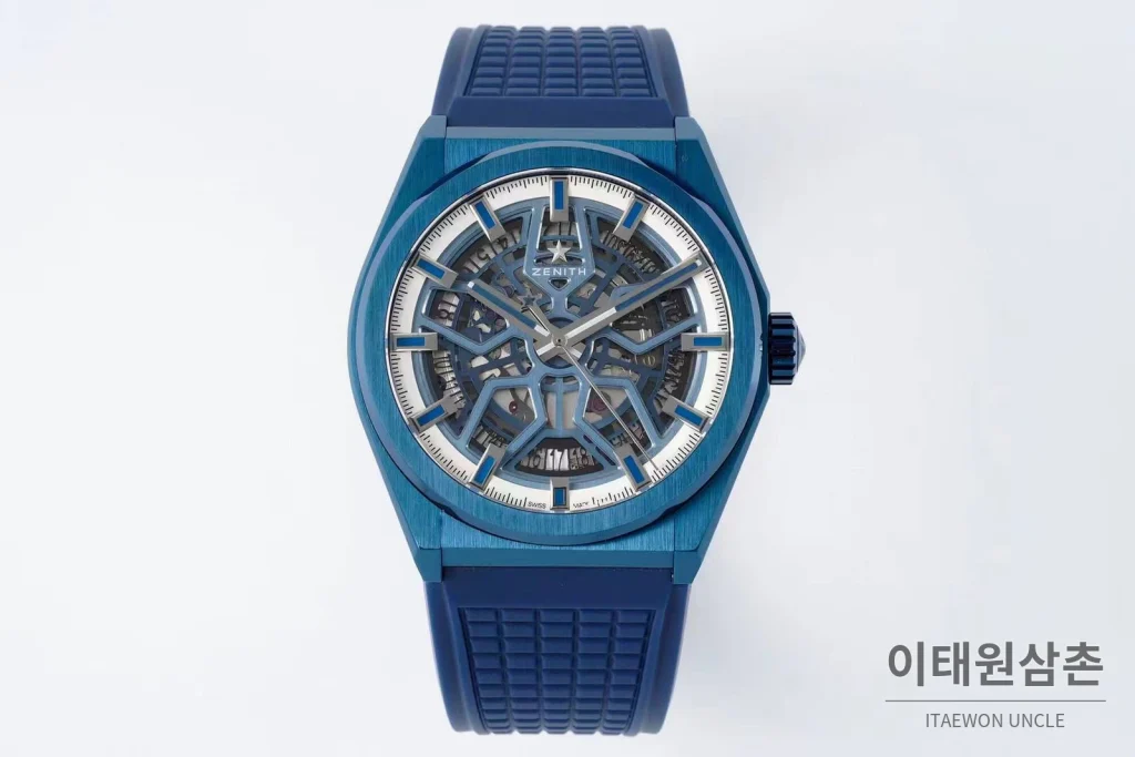제니스 디파이 스켈레톤 스틸 스타다이얼 오토매틱 41mm 블루 러버 스트랩 블루 베젤