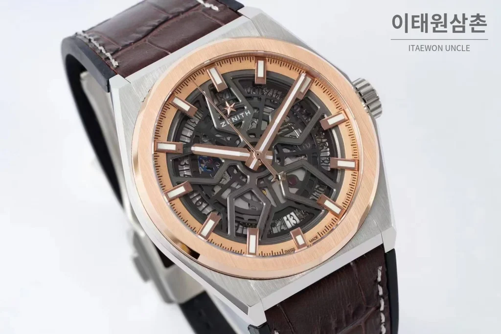 제니스 디파이 스켈레톤 스틸 스타다이얼 오토매틱 41mm 브라운 가죽 스트랩 로즈골드 베젤