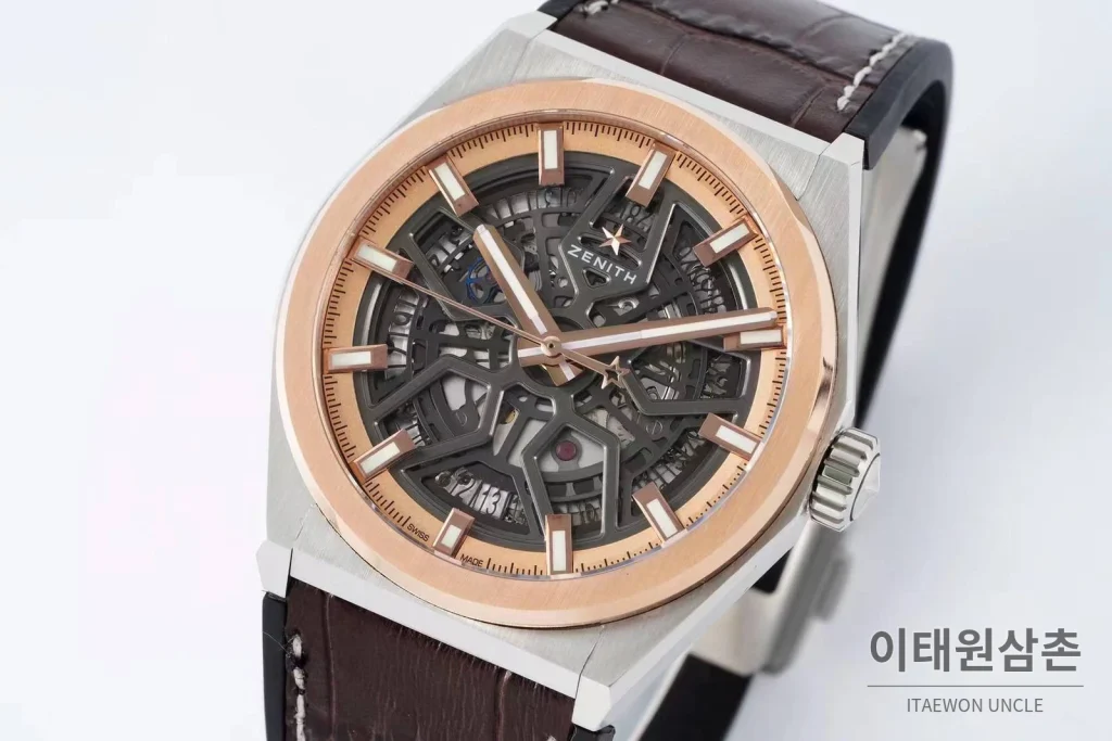 제니스 디파이 스켈레톤 스틸 스타다이얼 오토매틱 41mm 브라운 가죽 스트랩 로즈골드 베젤