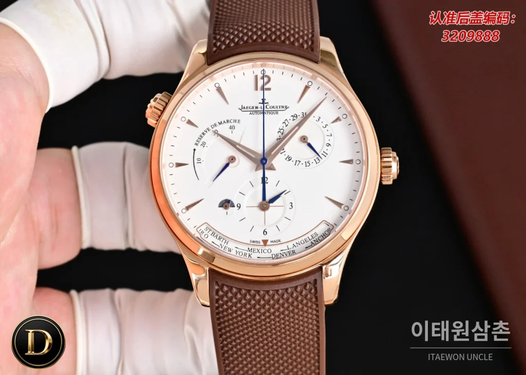 제니스 마스터 오토매틱 42mm 화이트 다이얼 브라운 러버 스트랩 로즈골드 베젤